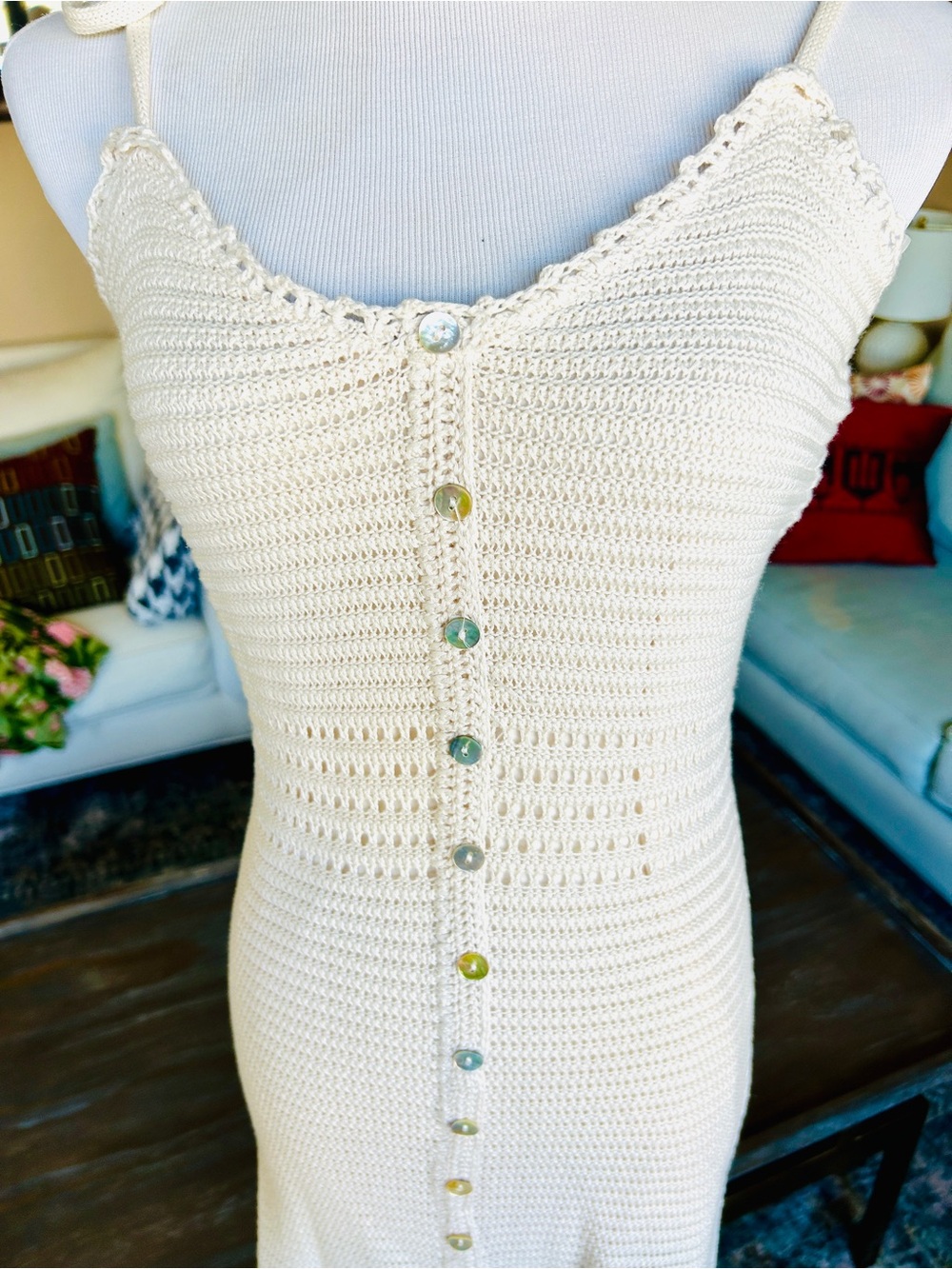 Olive + Oak Cream Crochet Button-Front Mini Dress Size Small Tie Straps Summer - Picture 5 of 11
